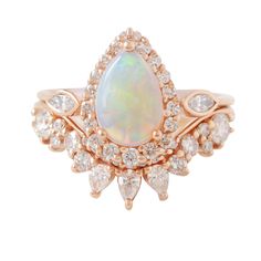 Pear Opal Ring, Halo Engagement Ring Set, Pear Wedding Ring, Halo Engagement Ring Sets, Pear Shaped Ring, Cute Engagement Rings, Opal Engagement, Pear Engagement Ring, Engagement Ring Set