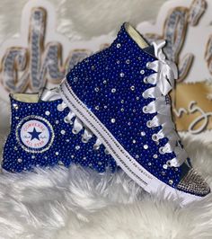 Custom Bling Converse All Star Chuck Taylor Sneakers. All designs handmade and embellished with a variety of high quality crystals. Great for weddings, proms, homecomings, birthdays, special events or just your everyday girly girl. Turn around time is currently 2 - 3 weeks **IF YOU NEED THIS ITEM BEFORE THE PROJECTED SHIPPING TIME YOU MUST CONTACT US BEFORE ORDERING (additional charges may apply) ** Shoe Details: Classic blue high top Converse All Star Chuck Taylor Sneaker (Cloth material style) Xv Shoes, Royal Blue Converse, Bedazzled Converse, Rhinestone Converse, Quinceanera Shoes, 15 Shoes, Bedazzled Shoes, Bridal Sneakers, Tie Sneakers