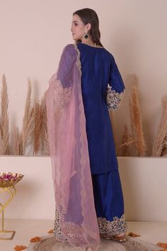 Blue kurta with floral, crescent moon embroidery using gota, zari and beaded work. Paired with a sharara with zari, floral embroidery on the hemline and baby pink dupatta with scallop trimmings. - Aza Fashions Crescent Moon Embroidery, Floral Crescent Moon, Moon Embroidery, Pink Dupatta, Kurta Sharara Set, Beaded Work, Kurta Sharara, Blue Kurta, Sharara Set