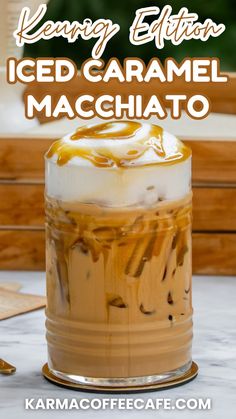 an iced caramel macchiato in a jar with the title text overlay