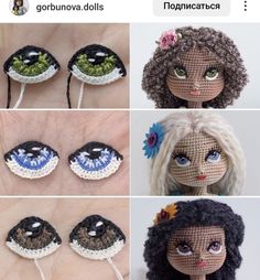 there are four pictures of different dolls made out of crocheted yarns and beads