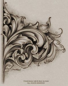 a drawing of an ornate design with swirls and leaves on the bottom half of it