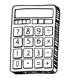 a black and white drawing of a calculator with numbers on the front side