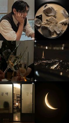 a collage of photos with wine glasses and the eiffel tower in the background