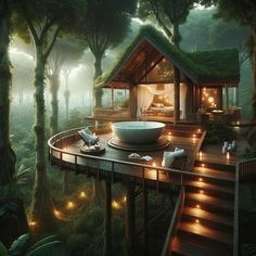 a spa in the middle of a forest with lights on it's roof and trees surrounding