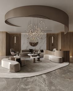 an elegant living room with modern furniture and chandelier hanging from the ceiling,