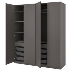 an open gray cabinet with drawers and bins