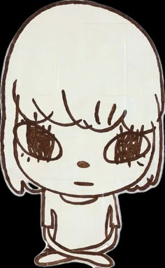 a drawing of a girl with big eyes and brown hair is shown in front of a white background