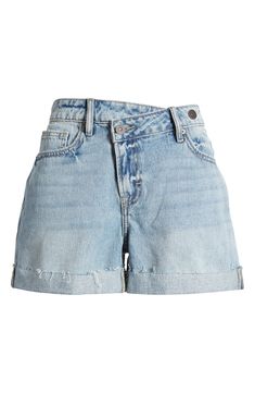 An edgy twist on mom shorts from the '90s, this relaxed-fit pair is made from nonstretch denim with a crossover waistband and raw hems. 4" inseam; 10" front rise Zip fly with button closure Five-pocket style 100% cotton Machine wash, tumble dry Imported Affordable Zara Denim Jean Shorts, Cheap Blue Zara Jean Shorts, Cheap Denim Blue Skort For Summer, Crossover Shorts, Blood Bag, Dead Bride, Light Grey Leggings, Maladaptive Daydreaming, Denim Mom Shorts