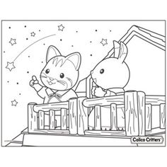 two cats sitting on top of a wooden fence with stars in the sky behind them