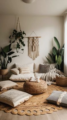 A living room bathed in soft sunlight, featuring earthy tones of brown, green, and cream. A large woven rug covers the floor, while oversized floor cushions invite relaxation. A macrame wall hanging adds a touch of bohemian flair, and potted plants bring the outdoors in. Meditation Floor Cushions, Earthy Spa Room, Bohemian Floor Seating, Cozy Yoga Studio, Floor Sitting Living Room, Floor Pillow Living Room, Zen Style Living Room, Bohemian Meditation Room, Room Astethic