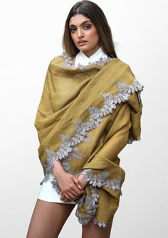 This wispy mustard scarf, woven from a linen and modal blend, features a contrasting mousse bold scalloped edging lace border. A chic and fashionable add-on to any casual outfit. Scarves Design, Black Wool Scarf, Lace Scarves, Spring Collection Fashion, Mustard Scarf, Copper Lace, Beaded Scarf, Lace Scarf, Designer Scarves