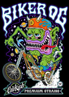 an image of a monster riding a bike with the words biker d written on it