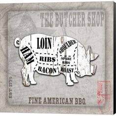 the butcher shop pig cut out on an old white background with grungy lettering