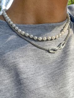 Multicolor  Collar  Aleación de Hierro   Embellished Hip Hop Style Men, Pearl Necklace Men, Layered Pearl Necklace, Double Chain Necklace, Bracelet Viking, Style Hip Hop, White Pearl Necklace