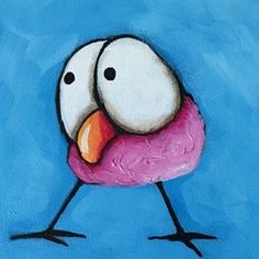 an acrylic painting of a pink and white bird with orange beak on blue background