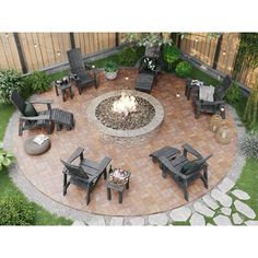 a fire pit surrounded by chairs and tables