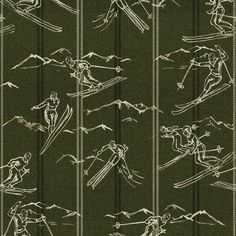 a black and white wallpaper with skiers on it