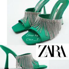 Zara Sparkly Heeled Sandals Heeled Sandals With Rhinestone Fringe . Squared Toe . Airfit . Technical Flexible Latex Foam Insole Designed To Offer Increased Comfort . Heel Height : 3.9 Inches ( 10 Cm ) Color: Green Upper 100 % Polyester Lining 100 % Polyurethane New With Affordable Zara Heels For Formal Occasions, Zara Sandals For Night Out In Summer, Glamorous Zara Sandals For Summer, Chic Crystal Embellished Heels For Spring, Glamorous Zara Sandals For Spring, Chic Embellished Heels For Summer, Summer Chic Embellished Heels, Chic Embellished Summer Heels, Trendy High Heel Sandals With Rhinestones