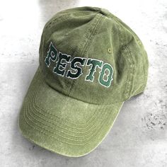 Store bought or homemade pesto? One size fits most dad hat. Embroidered in the USA. Hat made in Bangladesh. 100% cotton. Unisex. Cheap Dad Hat For Spring Streetwear, Cheap Fun Baseball Cap With Flat Brim, Cheap Trendy Dad Hat For Streetwear, Cheap Vintage Dad Hat For Spring, Cheap Casual Dad Hat For Everyday Use, Beautiful Hats Baseball, Cheap Trendy Dad Hat With Flat Brim, Cheap Casual Dad Hat With Embroidered Logo, Cheap Trendy Flat Bill Dad Hat