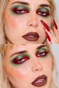 Red Green Eyeshadow, Bold Eye Shadow, Green Red Eyeshadow, Green Eyes Red Eyeshadow, Bold Red Makeup Looks, Green And Red Eye Makeup, Red Green Eye Makeup, Y2k Punk Makeup, Green And Red Makeup Looks