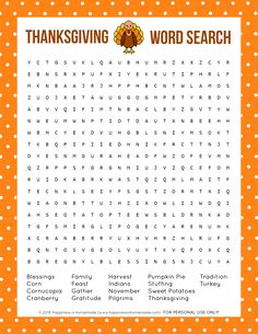 the thanksgiving word search is shown in an orange and white polka doted background with words