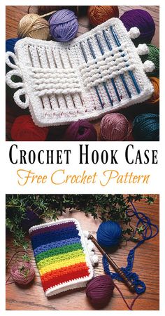 crochet hook case is shown on the cover of a book with yarns