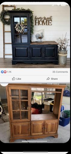 the before and after shots of an old china cabinet with glass doors, painted black