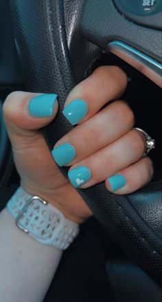 Short Nail Ideas For Nurses, Blue Nails With A Heart, Blue Valentines Day Nails, Blue Nails With Heart, Blue Valentines Nails, Short Nails Dip, Short Blue Nails, Luminary Nails, Tiffany Blue Nails