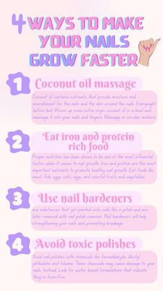 Hey guys, here are 4 simple ways to help you grow your summer nails faster and stronger. Leave me a comment if you have any questions and follow for more useful tips. #summernails #nailsideas #nailtips #nailsgrowth #nails #nailhealth Beauty Maintenance Routine, Nail Growth Faster, Coconut Oil Massage, Grow Nails Faster, Natural Face Care, Growing Healthy Hair, Latest Nail Trends, How To Grow Nails