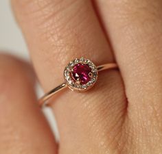 14k Gold Ruby with Diamond Halo Engagement Ring Ruby Diamond Ring, Ruby Diamond Rings, Diamond Halo Engagement Ring, Ring Hand, Hand Craft, Halo Diamond Engagement Ring, Ruby Diamond, Fine Jewelry Collection, Natural Ruby