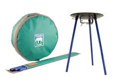 a green frisbee golf set with two blue poles and a bag on the ground