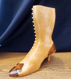 Vintage 8 1/2" Hand Carved Wood Shoe in Victorian Style with Beautiful Veneer Work - Amazing! Signed Basswood B88 Wood Shoe, Wood Shoes, Objet D'art, Hand Carved Wood, Victorian Style, Carved Wood, Art Object, Victorian Fashion, Sculpture Art