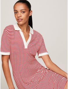 Tommy Hilfiger women's dress. Channel sporty vibes with this polo dress, featuring a horizontal stripe design and a laid-back open placket.  Material: 65% Sustainable Lyocell (sly), 32% Better Cotton Initiative, 3% Elastane. Casual Short Sleeve Dresses With Striped Collar, Casual V-neck Polo Dress For Spring, Summer Striped Tops By Tommy Hilfiger, Tommy Hilfiger Striped Tops For Summer, Casual Spring Polo Dress, Classic Summer Dress With Striped Collar, Casual Summer Polo Dress, Tommy Hilfiger Women, Polo Dress