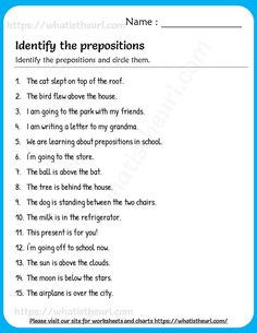 an english worksheet with the words identify the prepositions