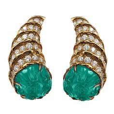 18 karat gold, earclips set with oval carved emeralds, surmounted by round diamond weight approximate 3.75 carats, signed FRED, PARIS, French assy marks. Carved Emerald, David Webb, Jeweled Earrings, Authentic Jewelry, Emerald Earrings, Diamond Gold, Emerald Jewelry, Van Cleef, Fine Earrings