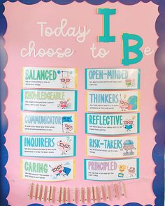 a pink and blue bulletin board with words on it that say today i choose to be