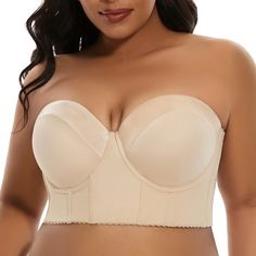 PRICES MAY VARY. Note: It's standard US size, please check our size chart for better fit Longline strapless Bra features long underband and supportive soft bone creates smoothing effect Detachable straps, Light Padding, Five rows Seven Hook & Eye (34C,34D,34DD,36C,36D,38B,38C used Five rows Six Hook & Eye) Suitable for daily use, posture improving, upper body shaping or a sexy outwear top with jeans or pants Non-slip at all: Anti-slip Skin-friendly wings and silicone strip fixed at the top to ke Bra Fashion, Bra Image, Corset Bra, Back Fat, Coverage Bras, Fashion Bug, Plus Size Bra, Everyday Bra, Cup Bra