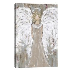 an angel painting with white wings on a gray and beige background canvas wall art print