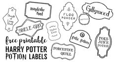 some harry potter labels are drawn in black ink on white paper with the words free printable harry potter potton labels