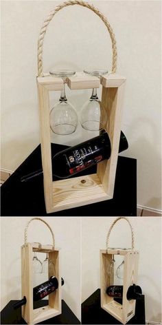 a wine glass holder made out of wood and rope with two glasses in the bottom