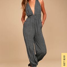 "Take A Trip Black Print Halter Jumpsuit" New With Tags! Halter Straps.Plunging Backless Bodice Smocked Waist Small Measures 54" From Adjustable Straps To Hem Lulus Jumpsuit, Black Backless Jumpsuits, White Lace Jumpsuit, Black Halter Jumpsuit, Black Romper Shorts, Lulu Pants, Chiffon Jumpsuit, White Lace Romper, Yellow Jumpsuit