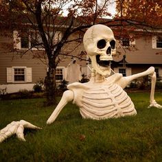 a skeleton sitting on the grass in front of a house