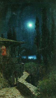 a painting of a house with a full moon in the sky above it and a path leading up to it