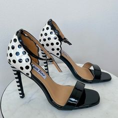 Brand New Without A Box. Super Cute Sandal With Polka Dot Detail And Stripe Heel Detail. Size 7 Heel 4” Mambo Dress, Cute Sandals, Mambo, Black Polka Dot, Black Pumps, A Box, Shoes Women Heels, Polka Dot, Polka Dots