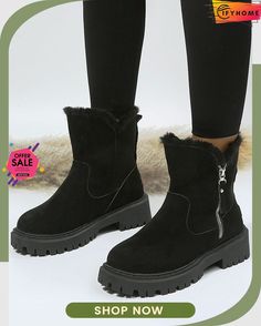 Women's Fleece Warm Chunky Heel Round Toe Ski Boots Trendy Winter Boots With Zipper Closure, Casual Winter Boots With Zipper Closure, Winter Boots With Side Zipper And Round Toe, Winter Ankle Boots With Side Zipper, Trendy Winter Boots For Cold Weather, Trendy Winter Boots With Faux Fur Lining, Ski Boots, Black Khakis, Womens Fleece