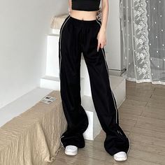 Product Measurements cm Size Waist Hips Total Length S 60 108 106 M 64 112 108 L 68 116 110 S 23.6 42.5 41.7 M 25.2 44.1 42.5 L 26.8 45.7 43.3 Product Details Product Title: High Waist Striped Loose-Fit Wide-Leg Sweatpants Material: 100%Polyester Color: Black Hip Hop Pants, Drawstring Waist Pants, Knots Diy, Baggy Sweatpants, Pants Y2k, Wide Leg Sweatpants, Vintage Preppy, Black Sweatpants, Street Trends