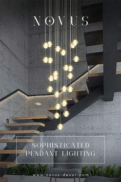 an image of a staircase with lights hanging from it