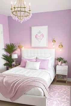 a bedroom with purple walls, white bedding and a chandelier hanging from the ceiling