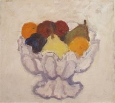 a painting of fruit in a white bowl